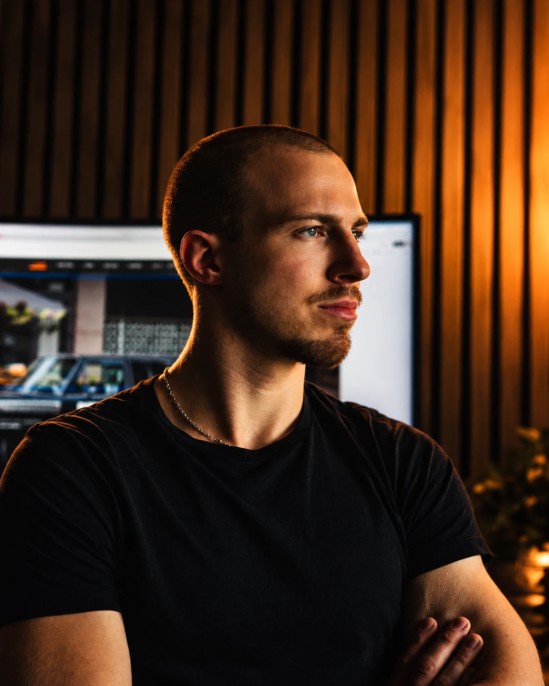 Kristers Ansons studijā, portrets zemā gaismā